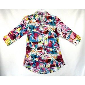 Parsley & Sage Artsy Abstract Watercolor Sz S Button Up 3/4 Sleeve Blouse Top